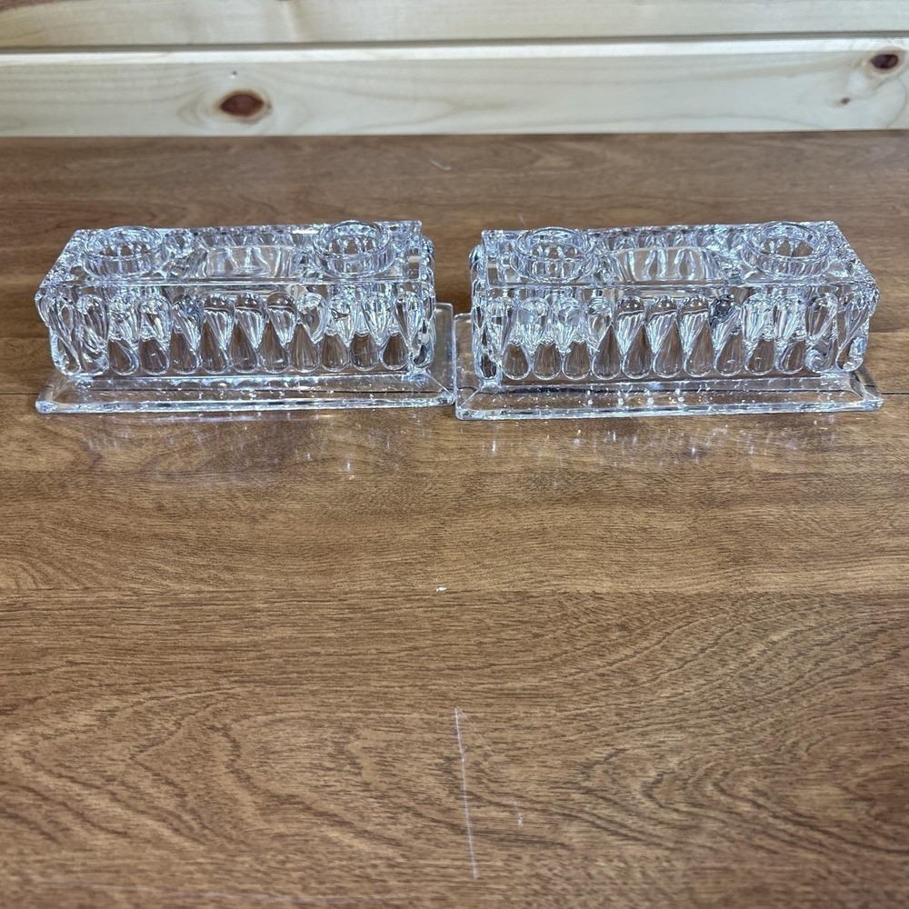 Vintage Clear Pressed Glass Double Taper Candle Holders Set of 2